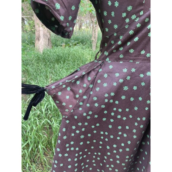 Vintage 1940s Brown Polished Cotton Floral Dress Art Deco - Picture 9 of 16